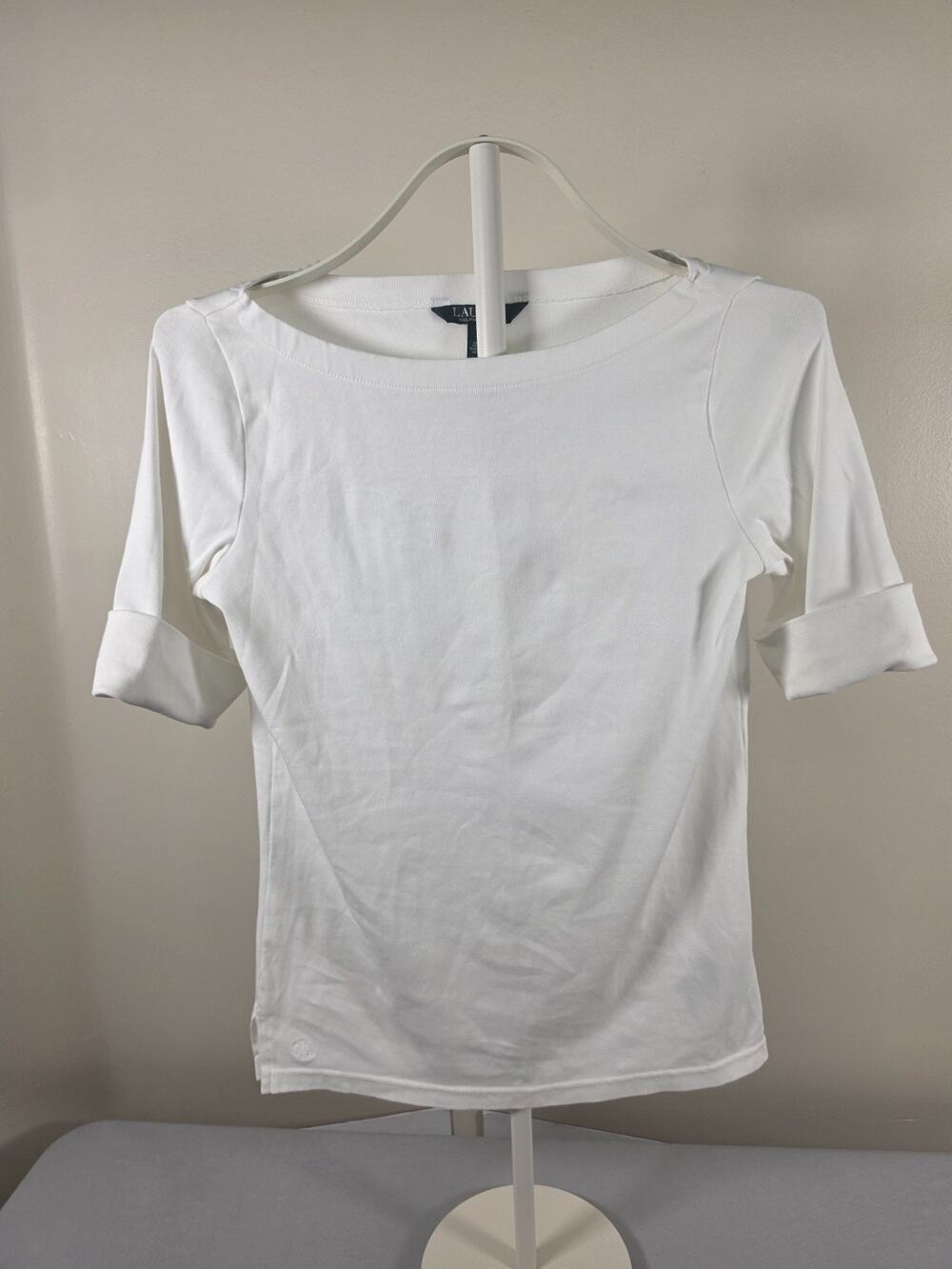 Lauren Ralph Lauren White Boat Neck Cuffed 3/4 Sleeve Basic top Size M